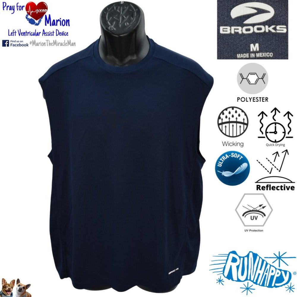 Brooks Mens M Navy Sleeveless Running Shirt Wicking Quick Dry UV Reflective